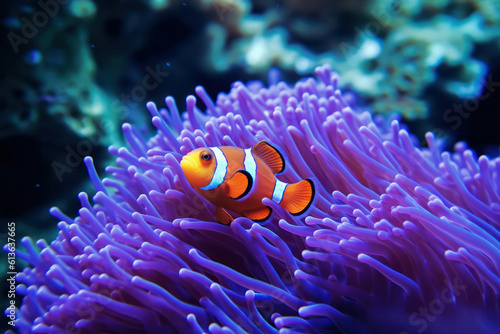 Foto An underwater close-up of a colorful clownfish nestled among the tentacles of a
