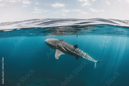 An up-close photograph of a magnificent whale shark swimming gracefully underwater, highlighting its enormous size and gentle demeanor