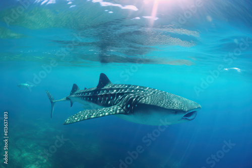 An up-close photograph of a magnificent whale shark swimming gracefully underwater, highlighting its enormous size and gentle demeanor © Matthias