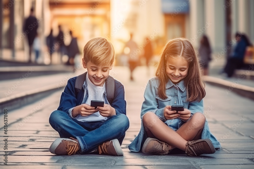 Modern kids using mobile phone for entertainment Modern kids using mobile phone for entertainment