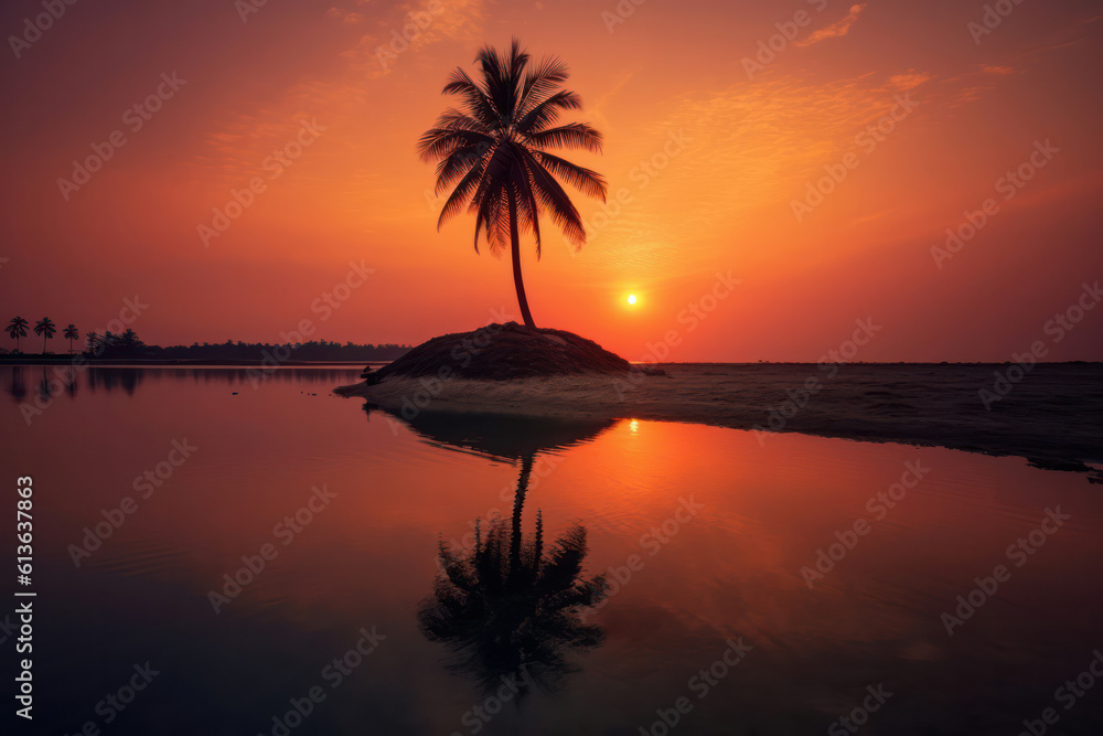 A pristine white sandy beach with crystal-clear turquoise waters, palm trees swaying in the gentle breeze, and a vibrant sunset painting the sky, capturing the idyllic essence of a tropical paradise