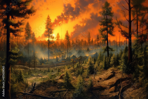 Fire in the forest, ecological disaster, burning trees. generative ai.