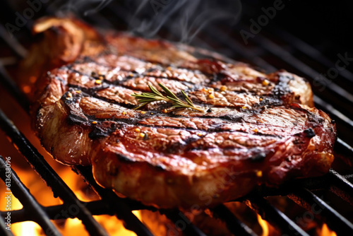 Closeup of t-bone steak on a bbq grill. AI generative