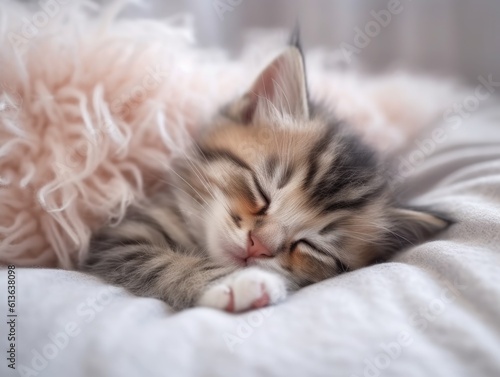 Cute little fluffy Maine Coon kitten sleeps on the bed. Morning. Funny pet with a pink nose. Charming child. Gray and pink light pastel background, soft light
