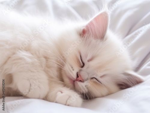 Cute little fluffy Ragdoll kitten sleeps on the bed. Morning. Funny pet with a pink nose. Charming child. Gray and white light background, soft light