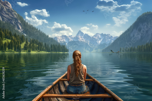 Woman girl on a canoe, kayak in the sea, ocean, river. Water sports on the background of mountains and summer. generative ai. © MoreThanProd
