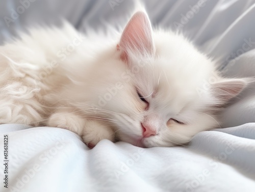 Cute little fluffy Ragdoll kitten sleeps on the bed. Morning. Funny pet with a pink nose. Charming child. Gray light background, soft light