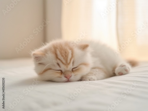 Cute little fluffy Scottish Fold kitten sleeps on the bed. Light pastel background, soft light
