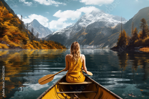 Woman girl on a canoe  kayak in the sea  ocean  river. Water sports on the background of mountains and summer. generative ai.