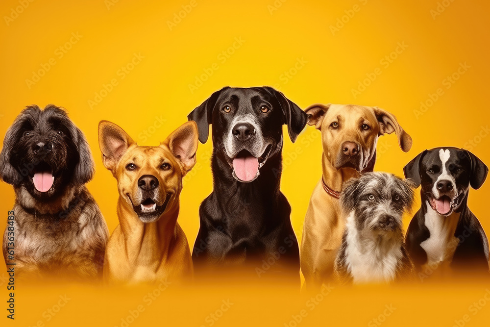 Group of different breeds of dogs on a yellow background