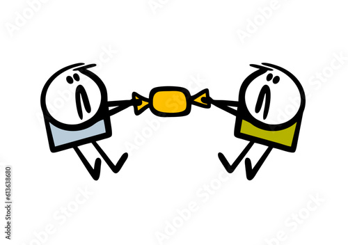 Two children take candy from each other. Vector illustration children can t share sweets.
