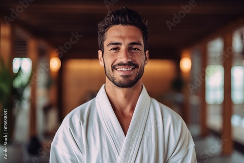Portrait of handsome young man in bathrobe looking at camera while standing in spa salon photo