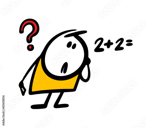Poor student cannot solve math simple problem. Vector illustration of a thoughtful stickman boy.