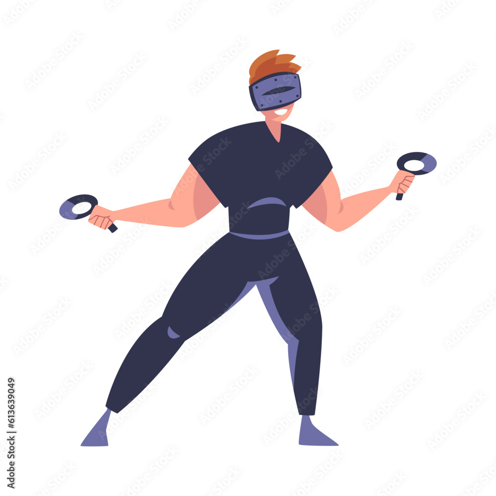 Fototapeta premium Augmented Reality with Man Character in Virtual Reality Glasses Playing Game on Simulator Vector Illustration