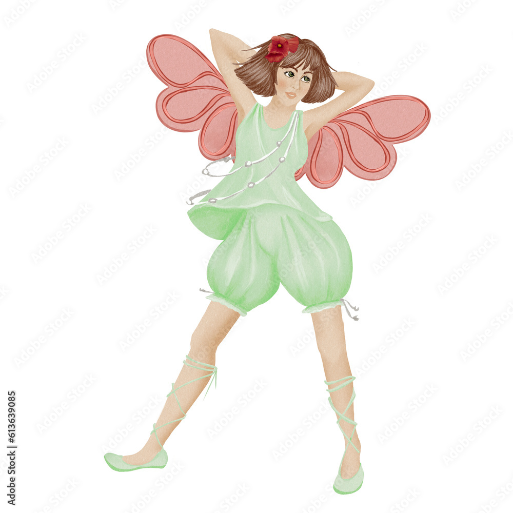 Funny fairy girl with flowers in hair in pastel colors Funny fairy girl with flowers in hair in pastel colors