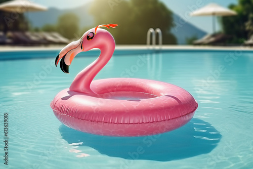 Photo of a pink flamingo pool float in a turquoise swimming pool photo