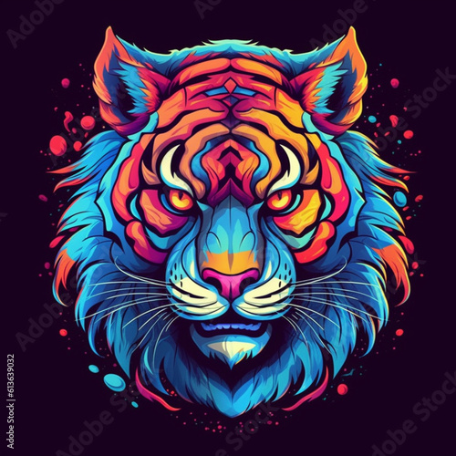 Illustration  Generative AI tiger s muzzle in bright colors on a dark background. icon.