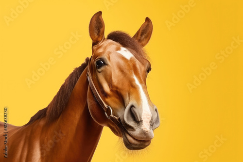 Portrait of a strong brown horse on a yellow background © Goffkein