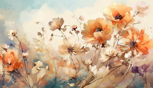 Flowers in the style of watercolor art. Luxurious floral elements, botanical background or wallpaper design, prints and invitations, postcards. Beautiful delicate flowers Generative AI