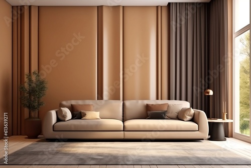 1 Modern living room with leather sofa and decoration in warm beige background © Saymor 2000