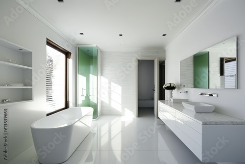 spacious and elegant white bathroom with a luxurious tub and sleek sink. Generative AI