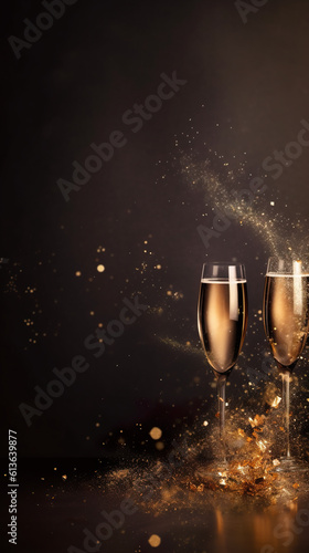 Two glasses of champagne with gold dust around them, copy space, place for text, new year card. Generative AI.