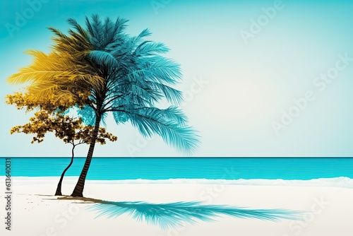 Abstract backdrop for summer vacation idea with a coconut tree on a white sand beach with a gorgeous blue sea and sky. Beach landscape background for summer trip with sun. Generative AI