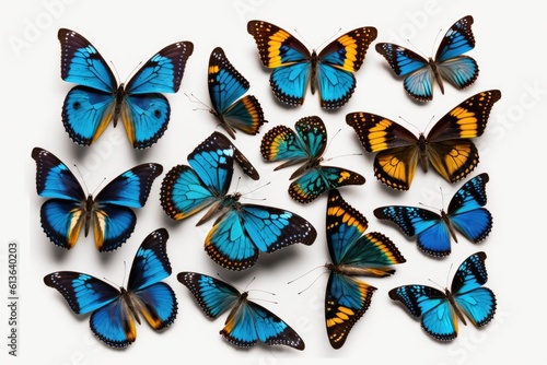 Blue tropical butterflies isolated on a white background. Moths were employed in the design. Generative AI
