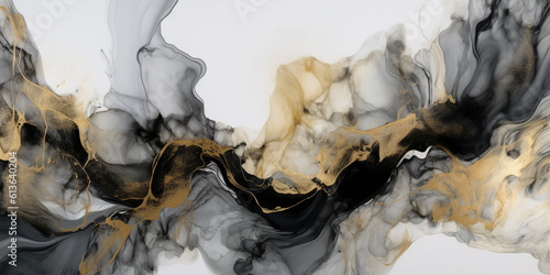 Abstract black, white, gray and gold alcohol ink art background. © Firn