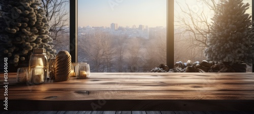 banner image of an empty wooden table in a christmas environment  with christmas tree and gifts  in winter. hot and warm lighting. ai generative