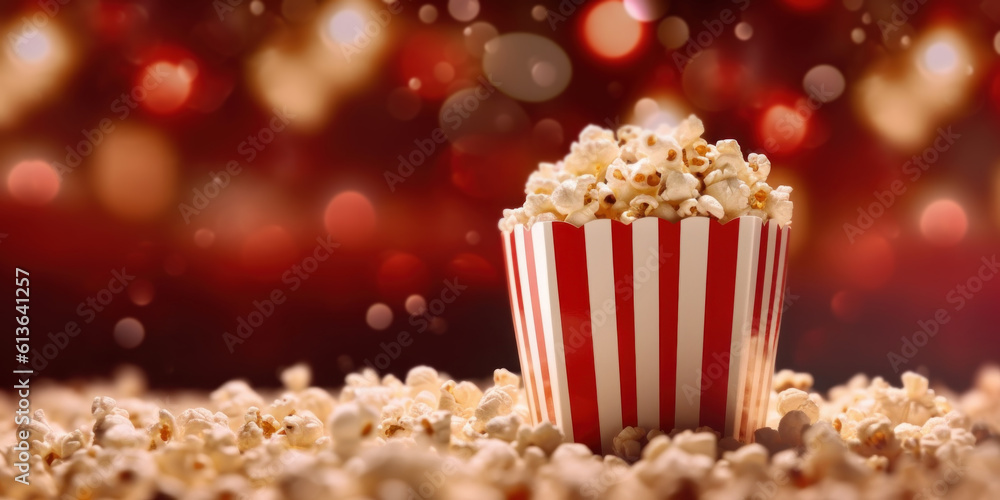 Popcorn in red and white striped cardboard bucket, blurred movie theatre with lights bokeh on background. AI generative.
