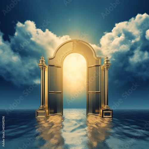 Mystical Gateway at Sea: Sunlit Arch with Clouds Over Calm Waters