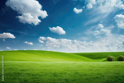 A field of green grass with a blue sky and a white cloud. backdrop of nature and landscape. Generative AI