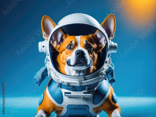 A dog astronaut costume and helmet on blue background. ai generative © Igor