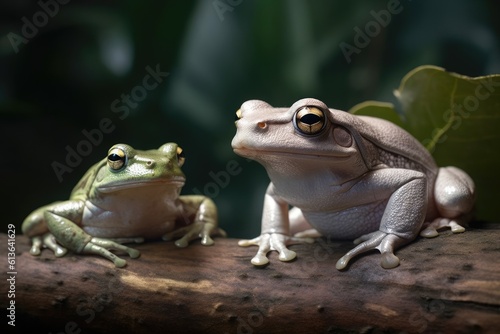 two green tree frogs perched on a branch. Generative AI