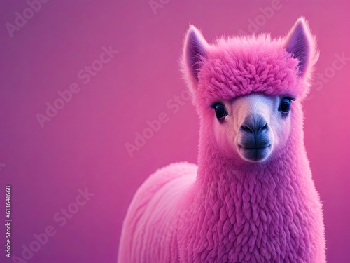 Cute colorful alpaca panoramic layout pink background. ai generative © Igor