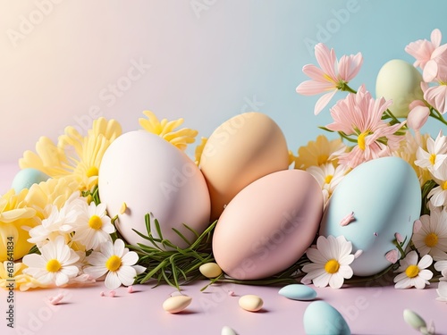 Easter background with copy space Eggs and flowers. ai generative