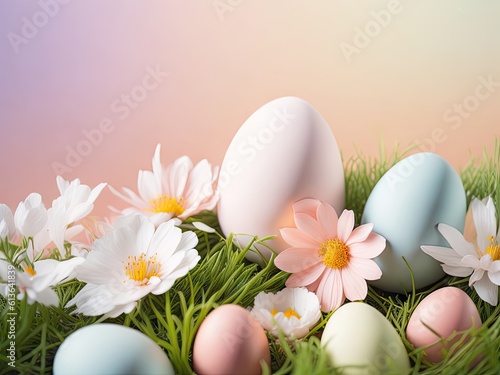 Easter background Eggs and flowers with copy space. ai generative
