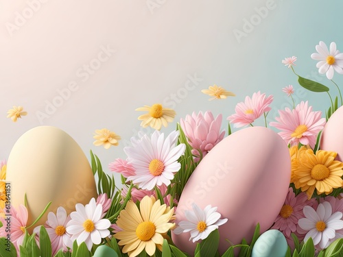 Easter background Eggs and flowers with copy space. ai generative