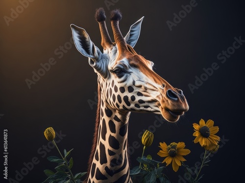 Giraffe portrait with flowers and leaves. ai generative