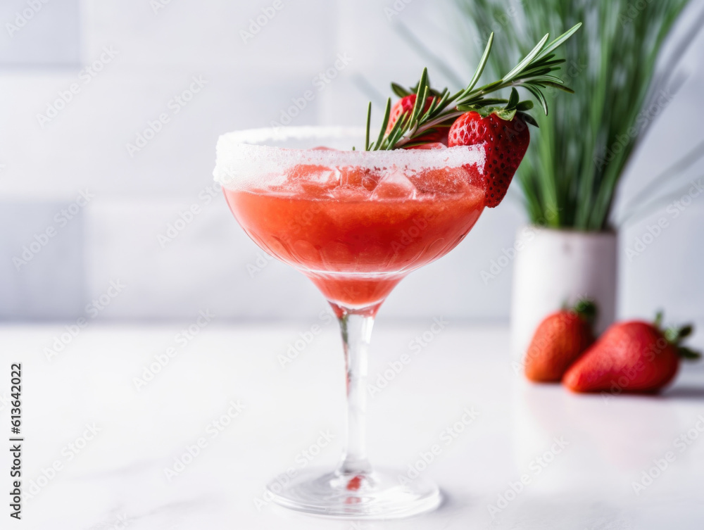 Cold summer strawberry alcohol cocktail with ice, green rosemary twig, berry slices in light modern interior. AI generative Cold summer strawberry alcohol cocktail with ice, green rosemary twig, berry slices in light modern interior. AI generative