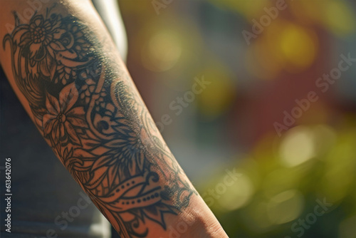 Black tattoo on arm. 