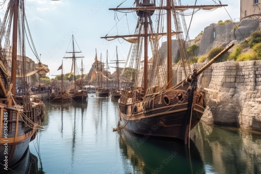 Medieval harbor view, old style sail ships and old buildings. Generative AI. Medieval harbor view, old style sail ships and old buildings. Generative AI.