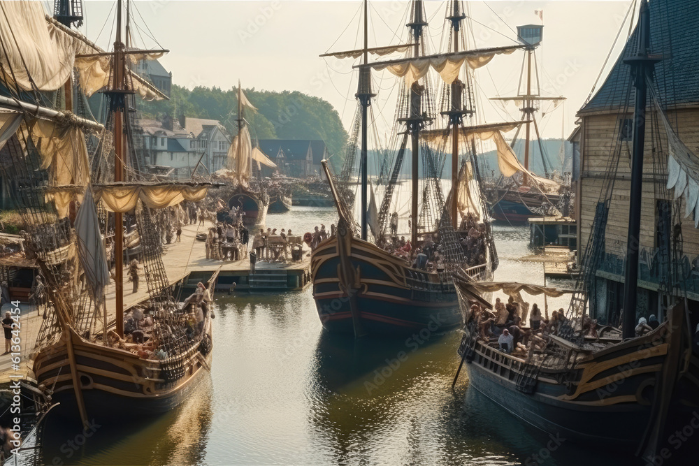 Medieval harbor view, old style sail ships and old buildings. Generative AI.