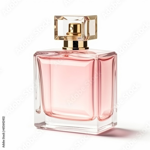 Womens pink perfume bottle isolated on white background, elegant fragrance and luxury floral scent, generative ai