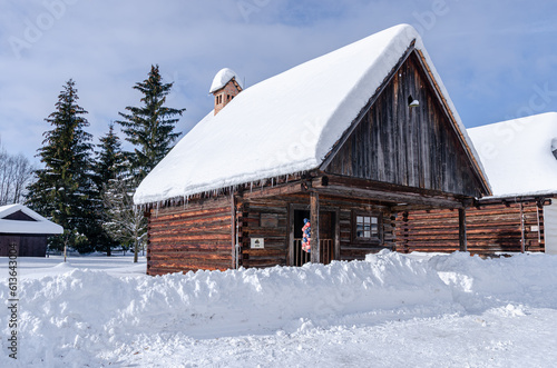 Beautiful scenery with an old wooden building covered in a massive amount of snow.  photo