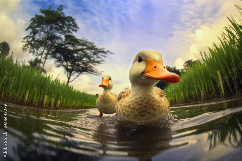 A pair of inquisitive ducks wading in a pond on an ecological farm, showcasing their natural behavior and the farm's commitment to preserving wetland habitats A pair of inquisitive ducks wading in a pond on an ecological farm, showcasing their natural behavior and the farm's commitment to preserving wetland habitats
