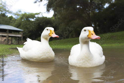 A pair of inquisitive ducks wading in a pond on an ecological farm, showcasing their natural behavior and the farm's commitment to preserving wetland habitats