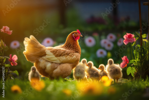 Billede på lærred A charming scene of a mother hen protecting her adorable chicks on an ecological