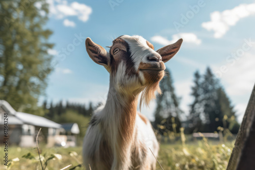 A close-up of a curious goat on an ecological farm, showcasing its expressive eyes and playful nature